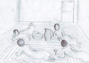 Иллюстрация 4 Иисус прислуживает за столом и делает возможным общение. Он омывает ноги Своих ученикам и таким образом предоставляет Себя к рабскому служению.(Рисунок Ё. Ш.)